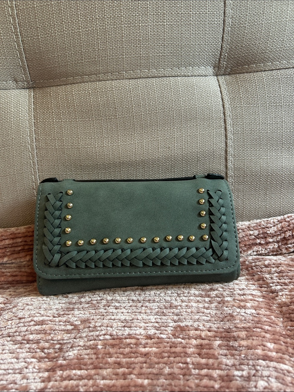 Francesca’s Collection Green Braided Faux Suede Flap Wallet / Crossbody